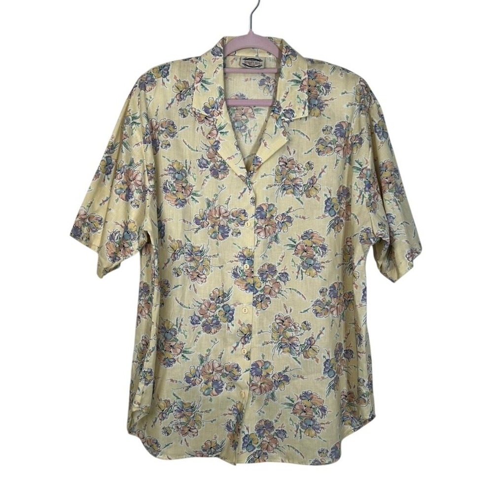 Vintage Separate Issue Woman Short Sleeve Yellow Floral Button Up Top Size XXL